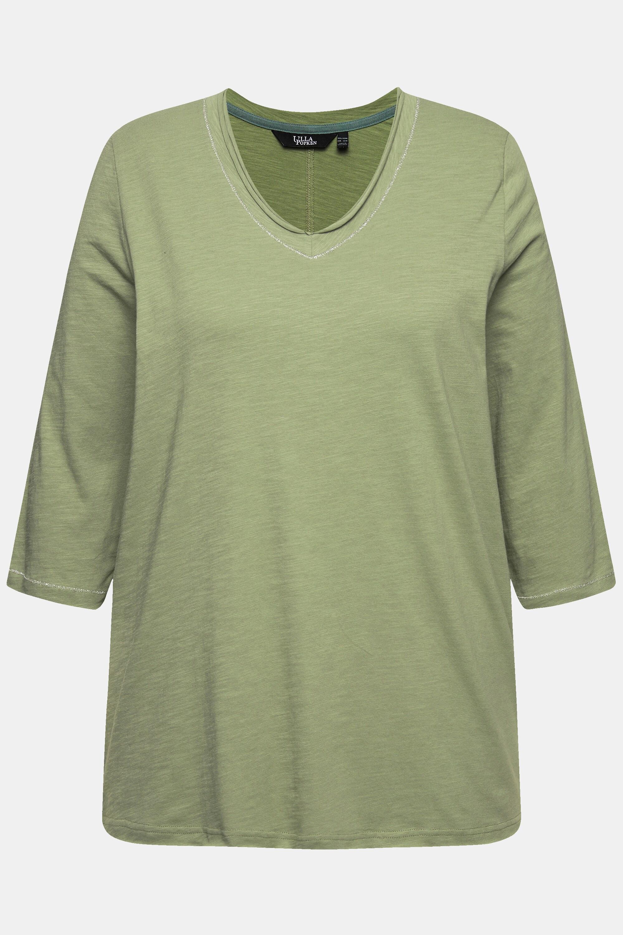 Ulla Popken  Shirt, Metallic-Nähte, V-Ausschnitt, 3/4-Arm 