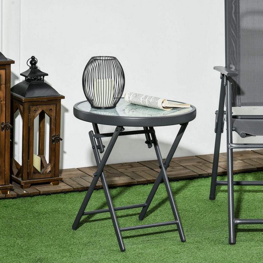 Northio Beistelltisch klappbar, Klapptisch aus Glas mit Marmoroptik, kleiner Campingtisch, runder Sofatisch Balkontisch für Balkon Terrasse Wohnzimmer Büro, 45 x 45 x 50 cm, Weiß  