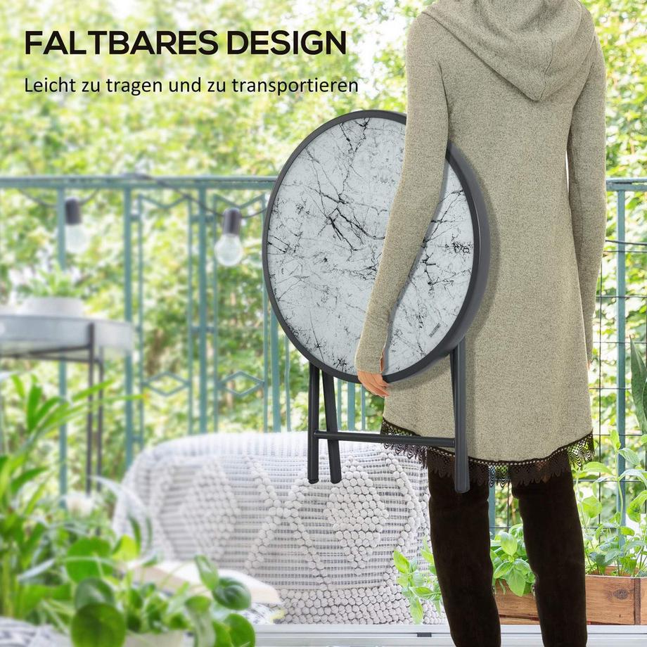 Northio Beistelltisch klappbar, Klapptisch aus Glas mit Marmoroptik, kleiner Campingtisch, runder Sofatisch Balkontisch für Balkon Terrasse Wohnzimmer Büro, 45 x 45 x 50 cm, Weiß  