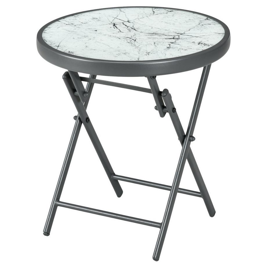 Beistelltisch klappbar, Klapptisch aus Glas mit Marmoroptik, kleiner Campingtisch, runder Sofatisch Balkontisch für Balkon Terrasse Wohnzimmer Büro, 45 x 45 x 50 cm, Weiß