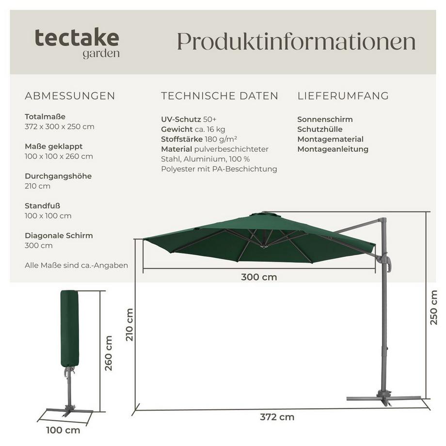 Tectake Sonnenschirm Daria Ø 300 cm leichtgängiger Mechanismus mit Fußpedal  