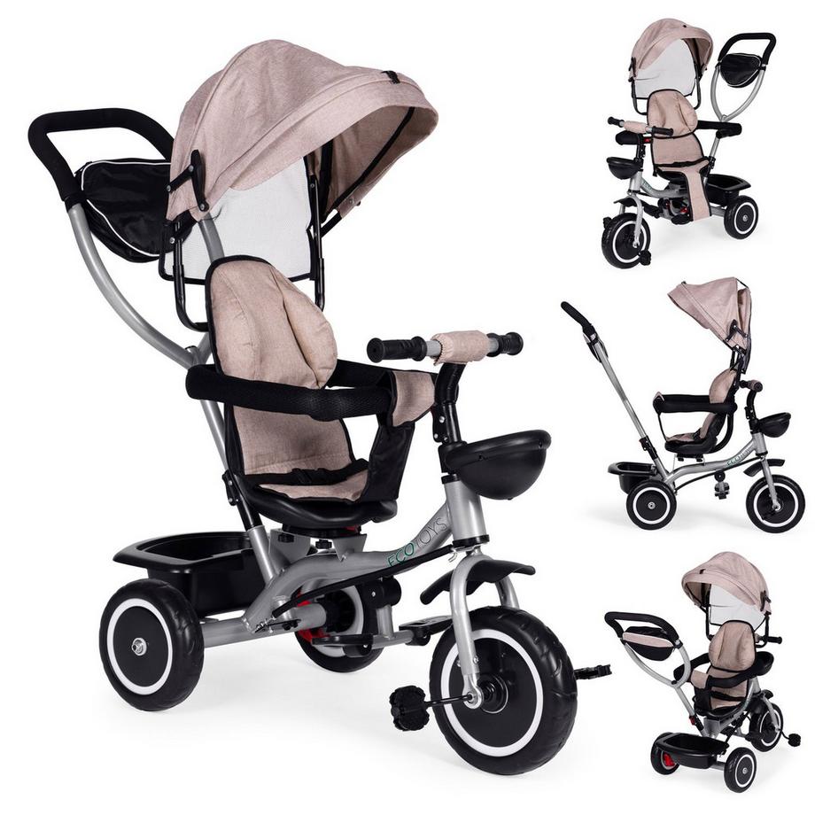 B2X  Passeggino triciclo 2 in 1, sedile girevole, cappottina pieghevole, beige, ECOTOYS 