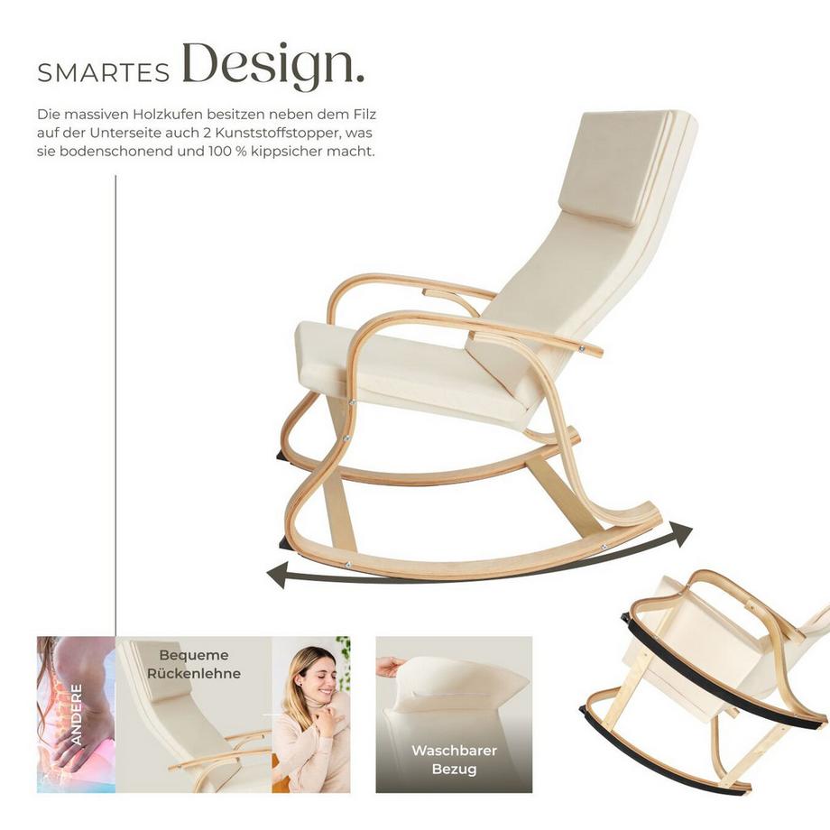 Tectake Schaukelstuhl Roca mit Armlehnen, Gestell aus Birkenholz bequeme Polsterung mit Kopfkissen  