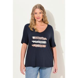 Ulla Popken  T-shirt Slim, col en V et manches courtes, imprimé métallisé 