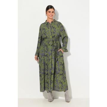 Robe maxi coupe évasée. Col chemise, manches longues et imprimé feuilles.