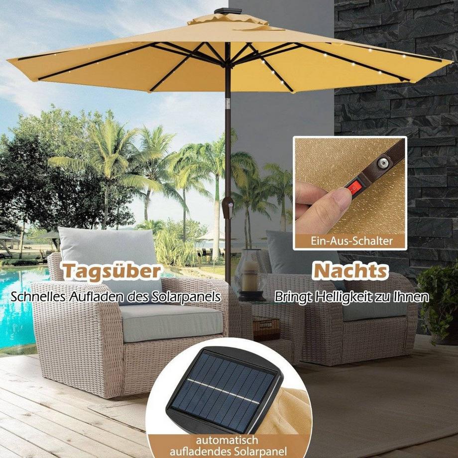 Northix LED Beleuchtung Ampelschirm rund Sonnenschirm Solarbetrieben Gartenschirm Kurbel-beige-ø 3M  