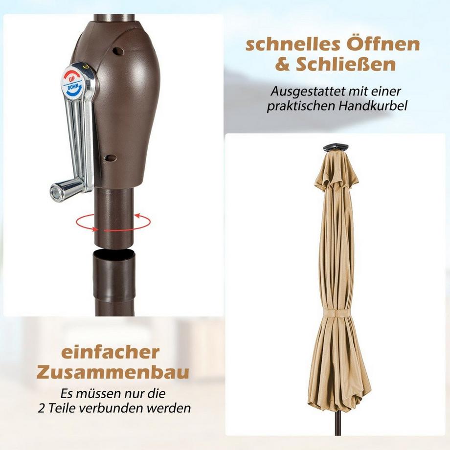 Northix LED Beleuchtung Ampelschirm rund Sonnenschirm Solarbetrieben Gartenschirm Kurbel-beige-ø 3M  