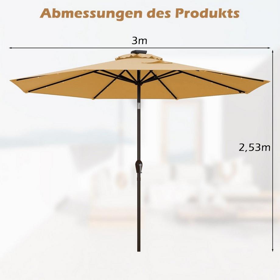 Parasol déporté avec éclairage LED, parasol rond, à énergie solaire, manivelle beige ø 3M