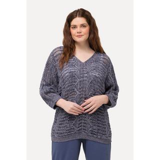 Ulla Popken  Pullover, Ajourmuster, V-Ausschnitt, 3/4-Arm, Biobaumwolle 