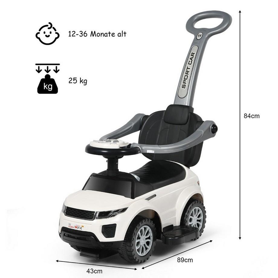 Northix  Véhicule porteur 3 en 1 Push Car Push Car avec poignée de poussée amovible et barre de protection blanc 