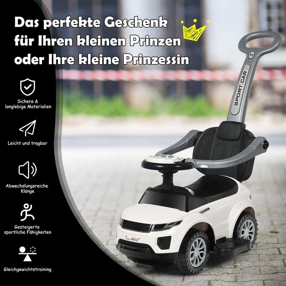 Northix  Véhicule porteur 3 en 1 Push Car Push Car avec poignée de poussée amovible et barre de protection blanc 