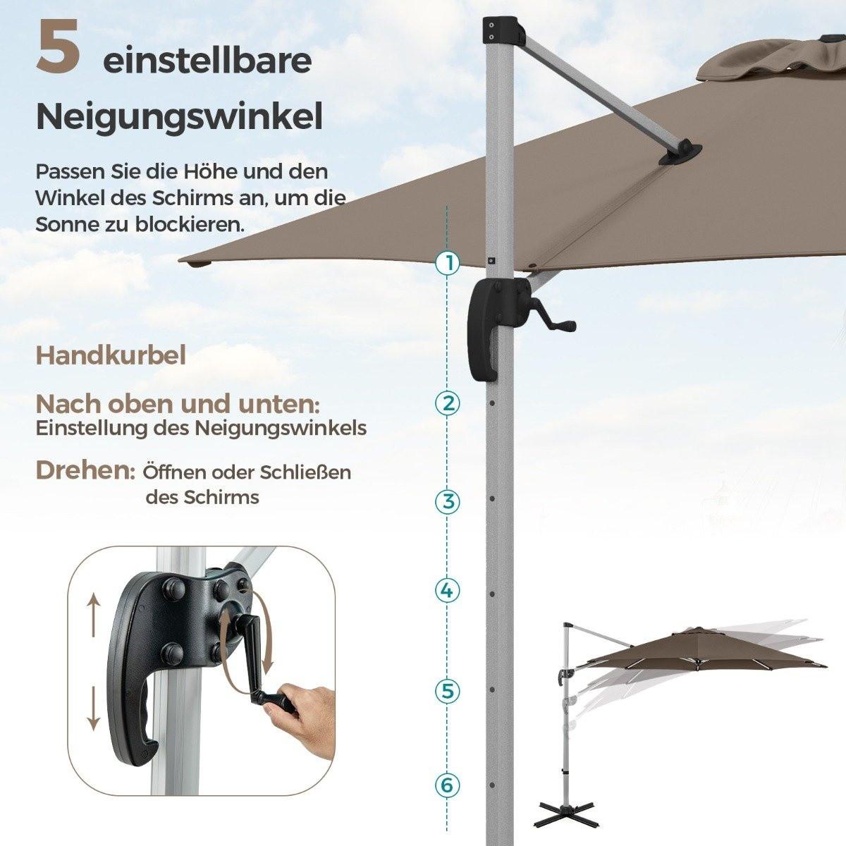 Northix Parasol Ø 330 cm avec manivelle & UPF 50+ et Parasol déporté rotatif à 360°, parasol de jardin marron  