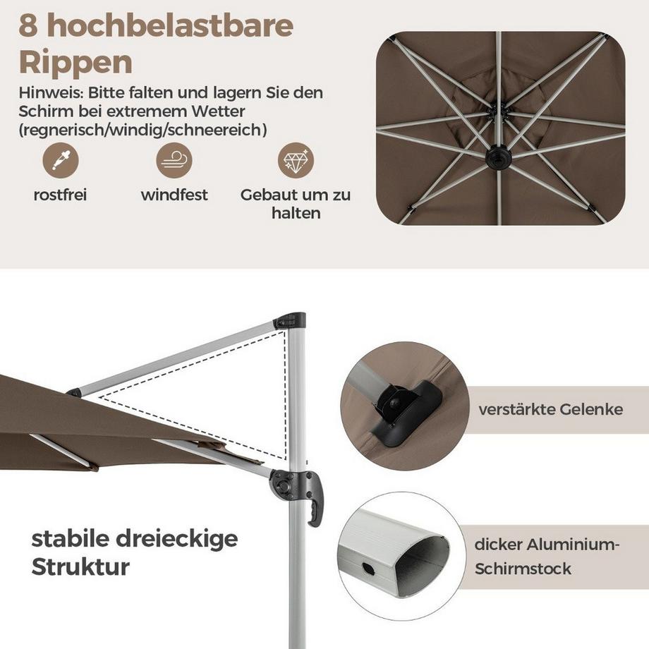 Northix Ø 330 cm Sonnenschirm mit Kurbel & UPF 50+ & 360° Drehbarer Ampelschirm Gartenschirm Braun  