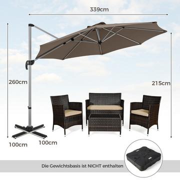 Parasol Ø 330 cm avec manivelle & UPF 50+ et Parasol déporté rotatif à 360°, parasol de jardin marron