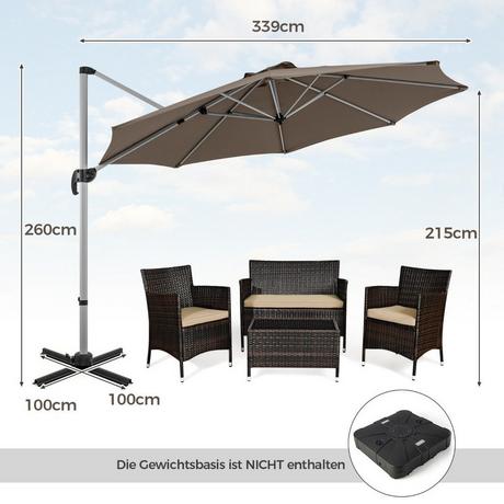 Northix Parasol Ø 330 cm avec manivelle & UPF 50+ et Parasol déporté rotatif à 360°, parasol de jardin marron  