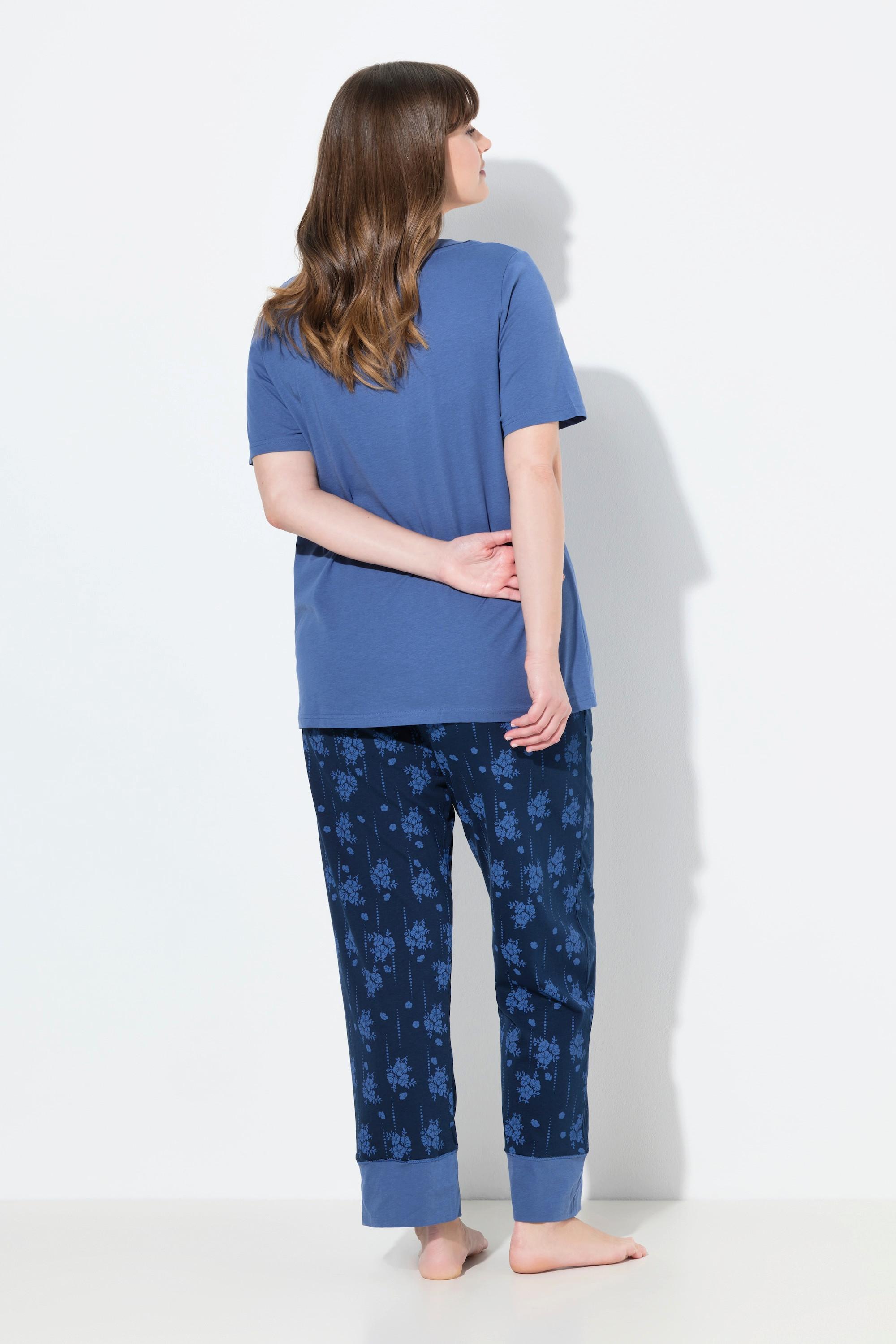 Ulla Popken Pyjama Blüten V-Ausschnitt Halbarm  