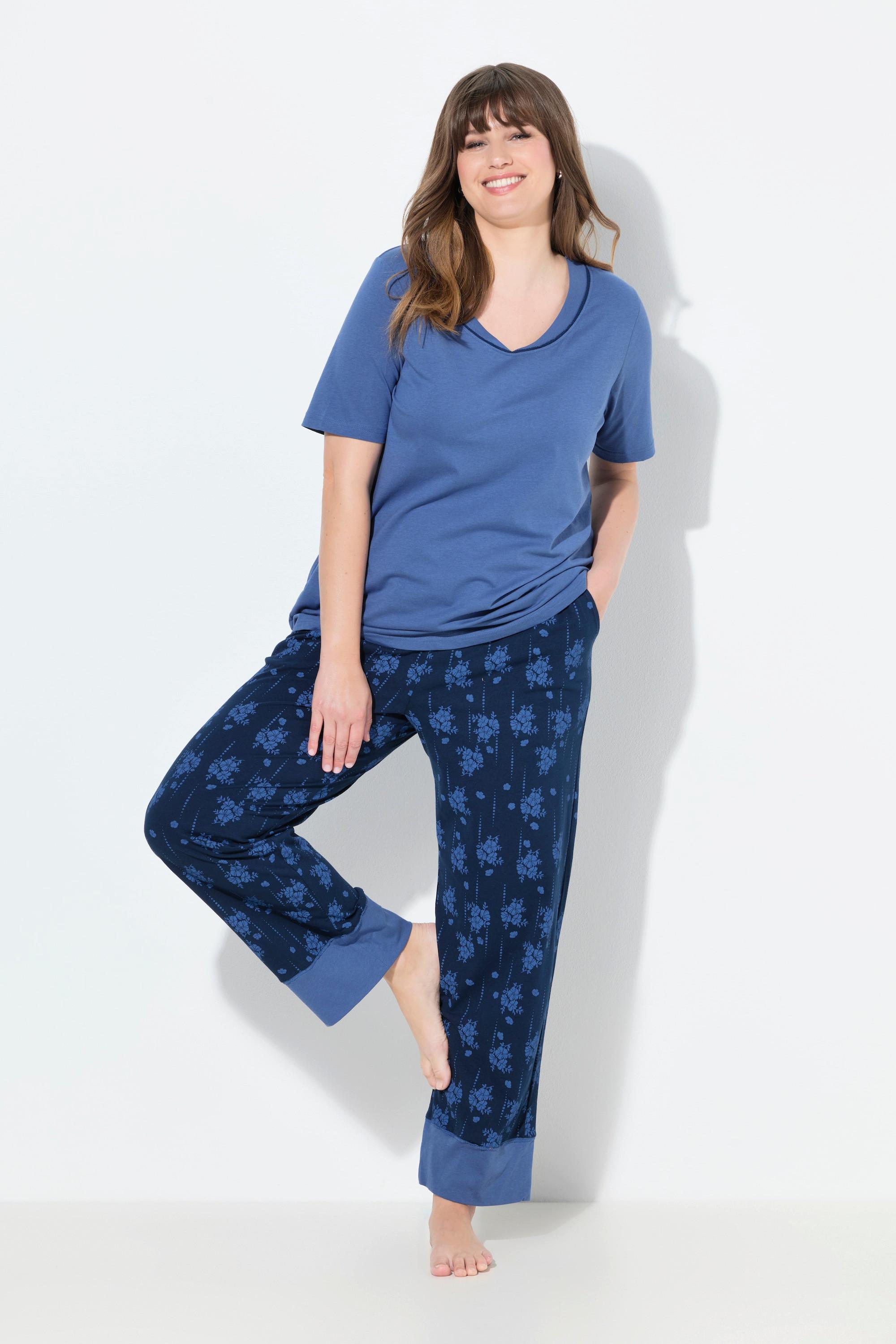 Ulla Popken Pyjama Blüten V-Ausschnitt Halbarm  