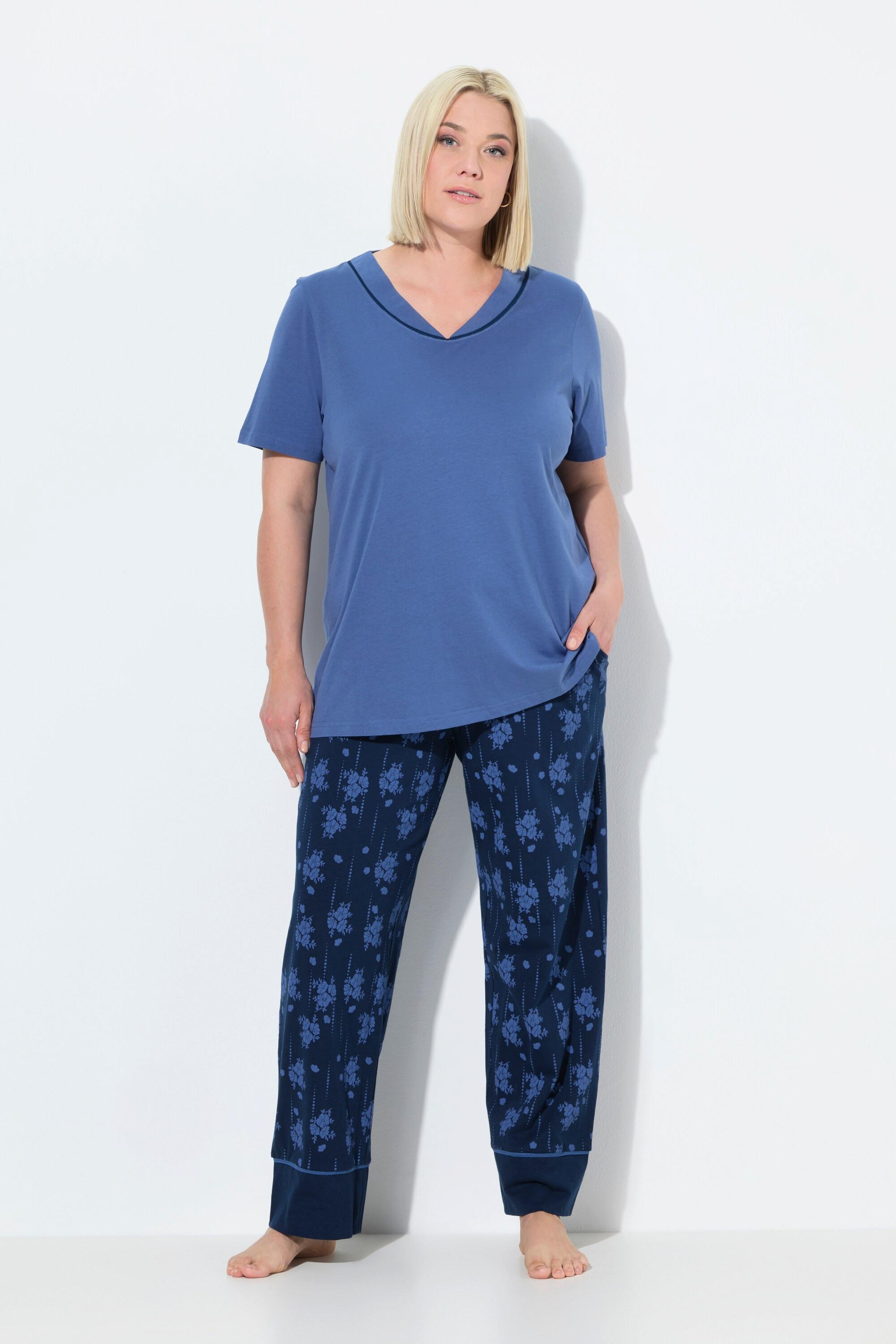 Ulla Popken Pyjama Blüten V-Ausschnitt Halbarm  