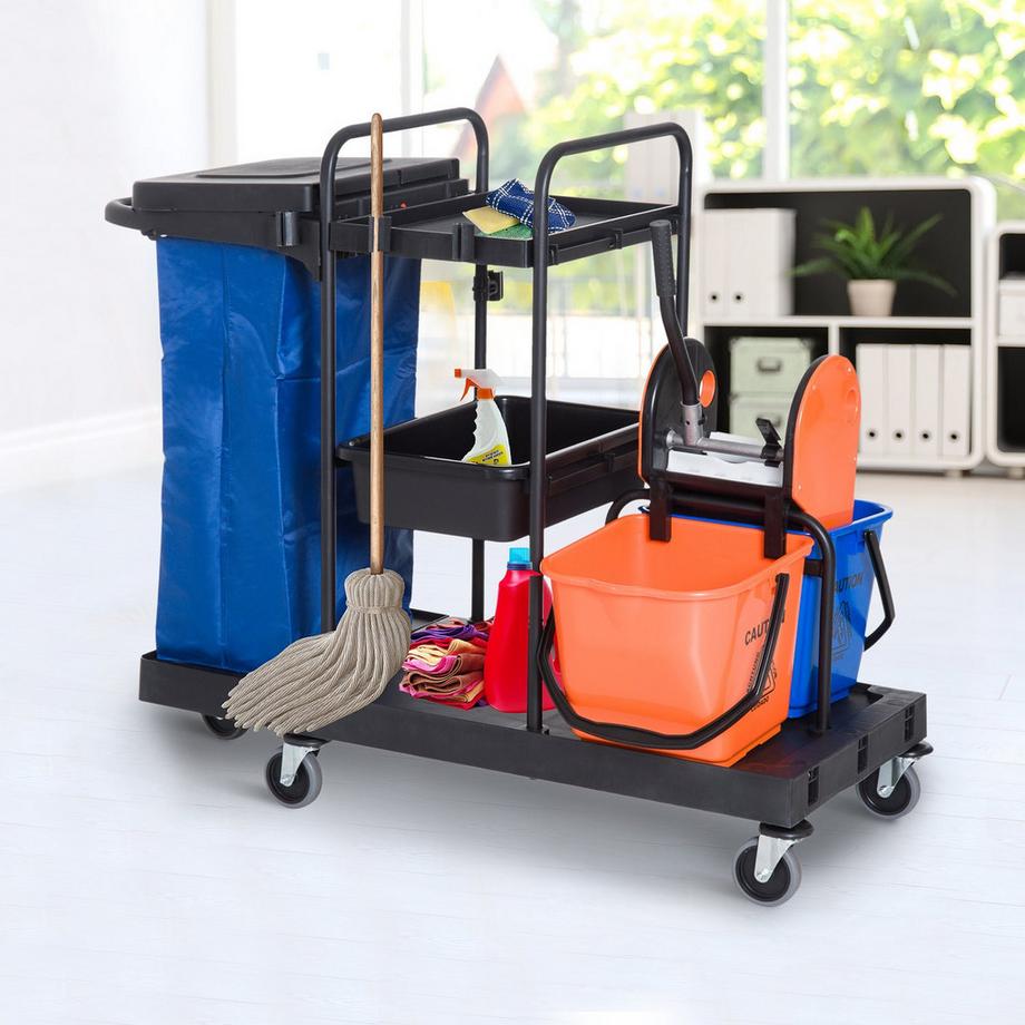 Northio  Reinigungswagen Putzwagen mit 4 Rollen, Systemwagen für professionelle Reinigung, Schwarz/Blau/Orange, 111x63,3x103cm 