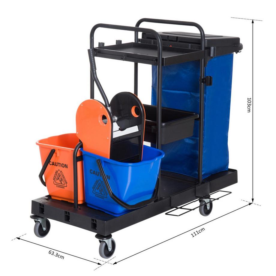 Northio  Reinigungswagen Putzwagen mit 4 Rollen, Systemwagen für professionelle Reinigung, Schwarz/Blau/Orange, 111x63,3x103cm 