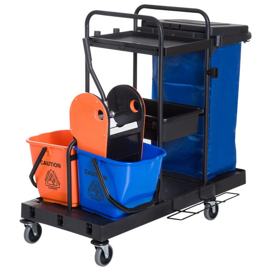 Northio  Reinigungswagen Putzwagen mit 4 Rollen, Systemwagen für professionelle Reinigung, Schwarz/Blau/Orange, 111x63,3x103cm 