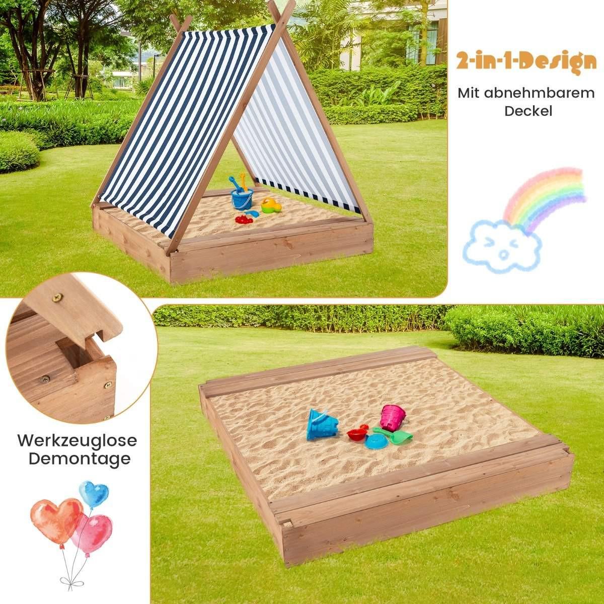 Northix  Sabbiera per bambini con copertura e 2 panchine Sabbiera da esterno in legno 124 x 123 cm 
