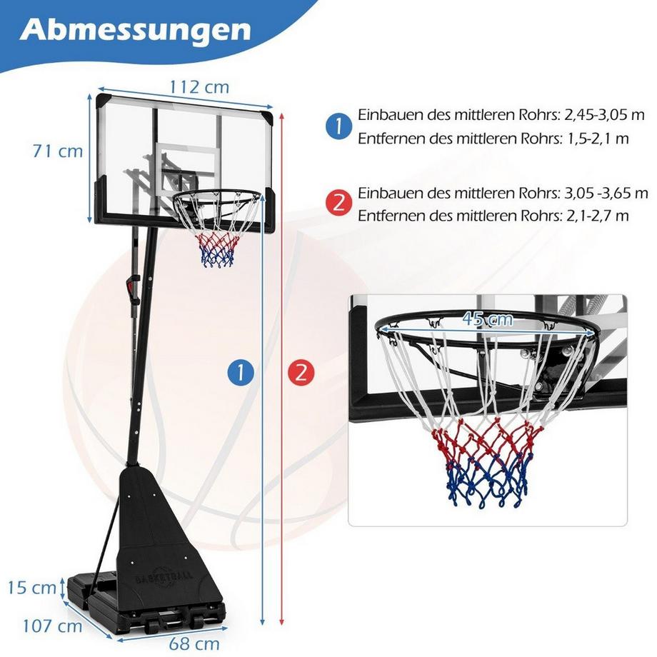 Northio  Support de basket-ball 150-305 cm, panier de basket réglable en hauteur pour l'extérieur avec support 