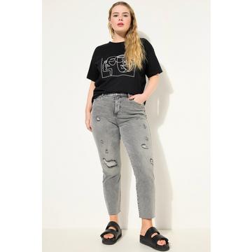 Jean mom à taille haute, effets destroy et 5 poches