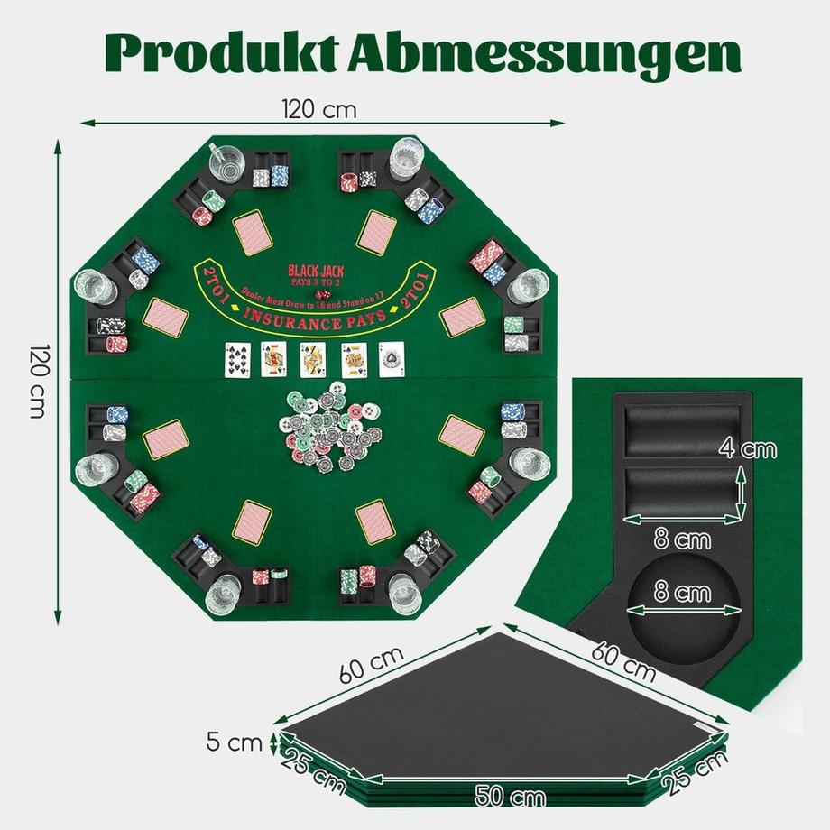 Northio  Tapis de poker 120 x 120 cm Housse de table de poker Texas Holdem pliable pour 8 joueurs avec porte-gobelets vert 