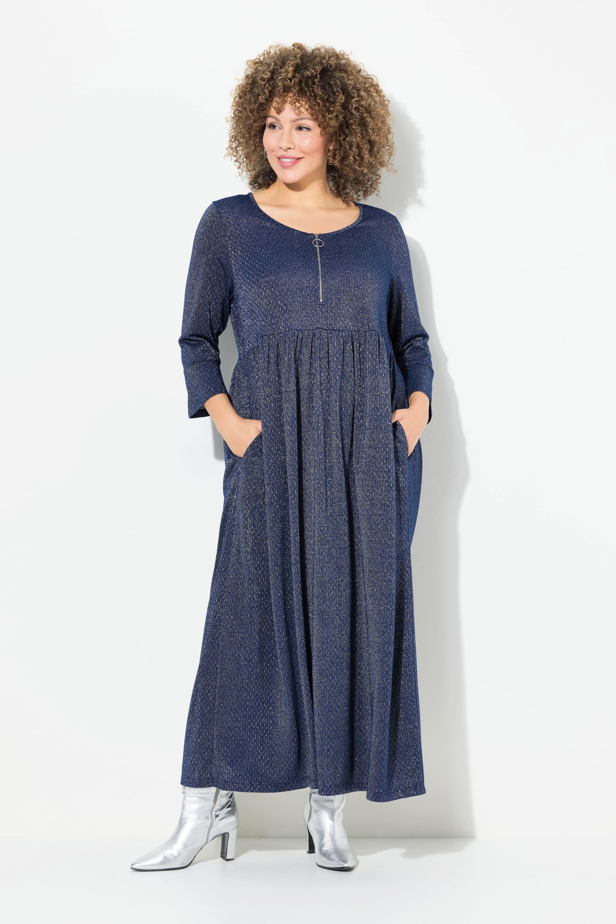 Ulla Popken  Robe midi en jersey à paillettes, ligne en A avec col rond et manches 3/4 