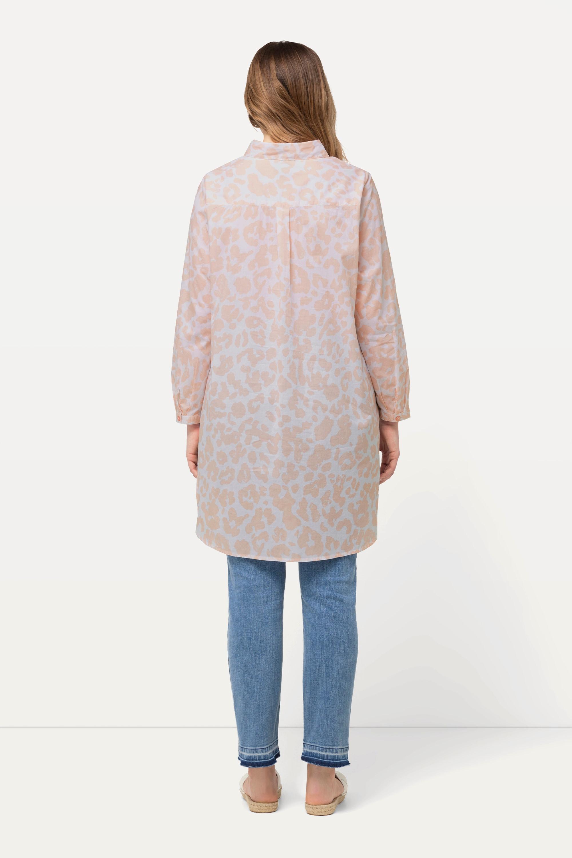 Ulla Popken Blusa Lunga Stampa Leopardata Linea ad A Collo Camicia Maniche Lunghe  