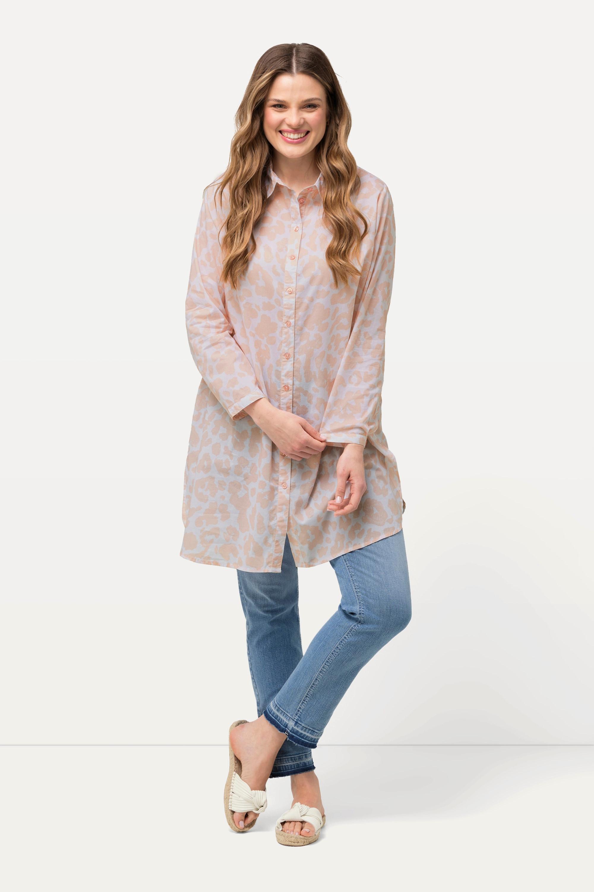 Ulla Popken Blusa Lunga Stampa Leopardata Linea ad A Collo Camicia Maniche Lunghe  