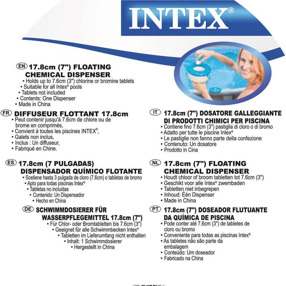 Intex  Récipient distributeur de produits chimiques chlorés pour piscines INTEX 29041 