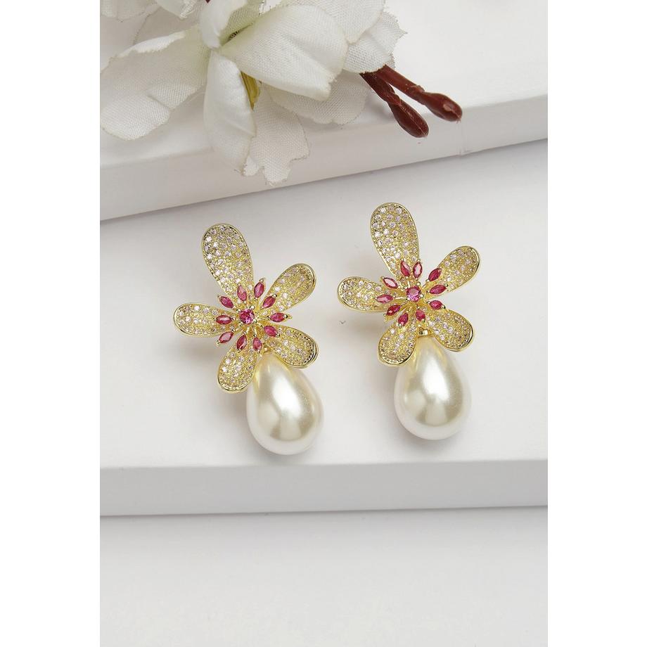 AVANT-GARDE PARIS  Collezione Diva Orecchini a Bottone Floreali Scintillanti con Goccia di Perla 