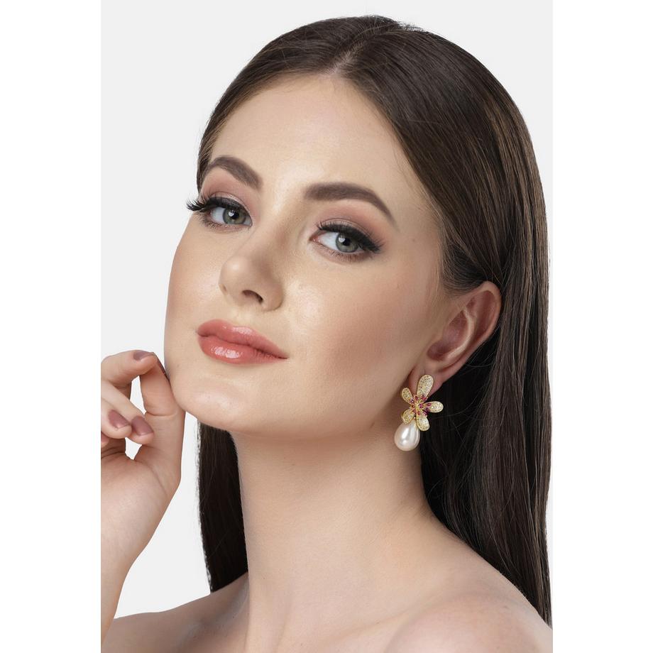 AVANT-GARDE PARIS  Collezione Diva Orecchini a Bottone Floreali Scintillanti con Goccia di Perla 