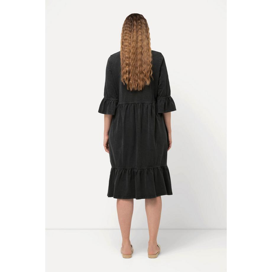 Ulla Popken Jerseykleid A-Linie mit Volants Tunika-Ausschnitt 3/4-Arm  