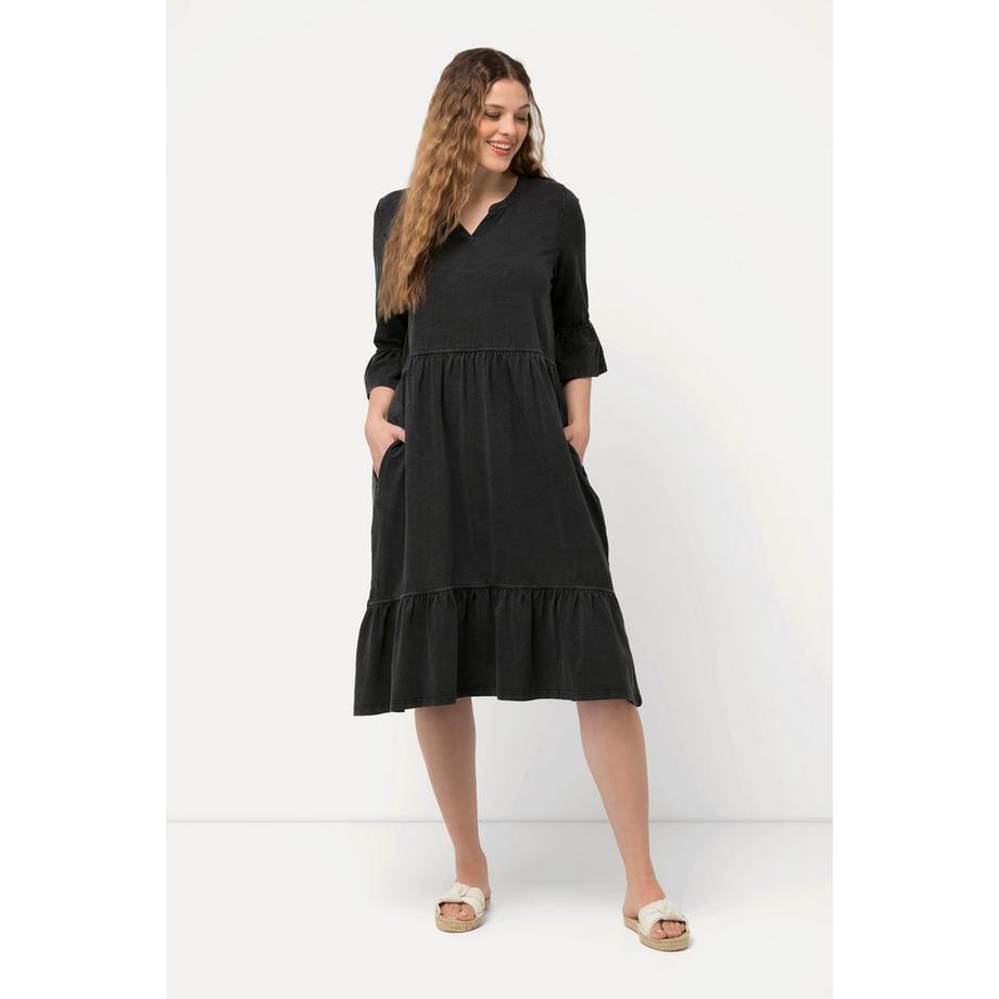 Ulla Popken Jerseykleid A-Linie mit Volants Tunika-Ausschnitt 3/4-Arm  