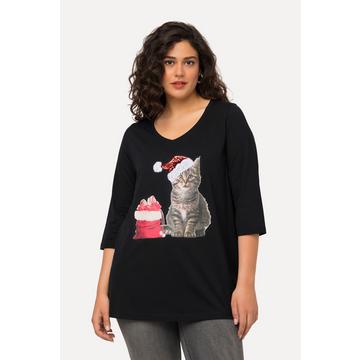 T-shirt de Noël à col en V et manches 3/4, strass