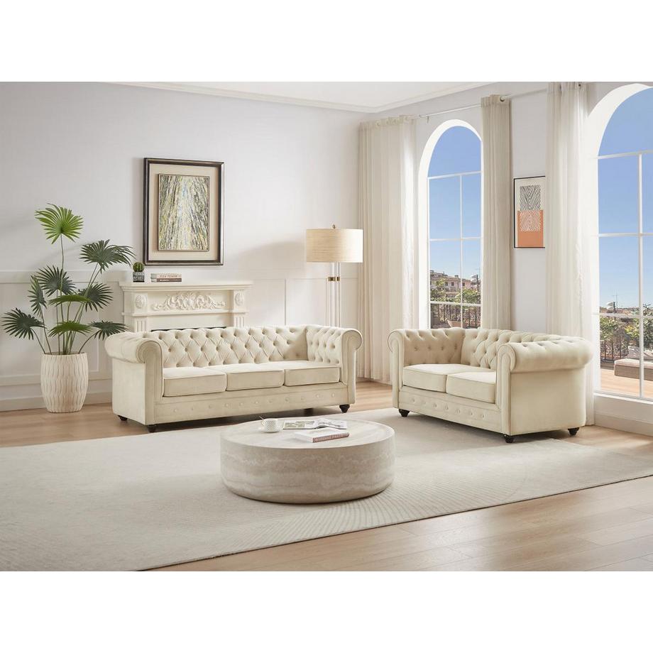 Vente-unique Sofa 3-Sitzer & 2-Sitzer - Samt - Beige - CHESTERFIELD  