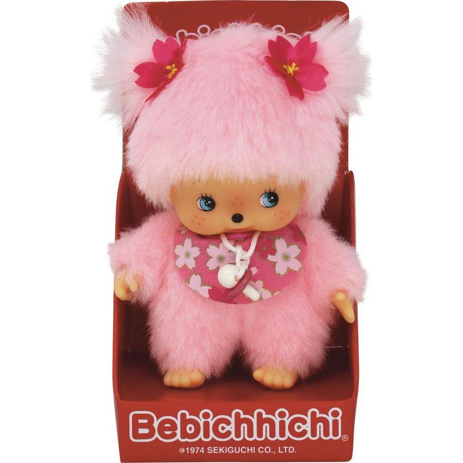 Monchhichi  Sekiguchi 242443 Original Bebichhichi Mädchen Kirschblüte, aus rosa Plüsch, mit Lätzchen und Zöpfen mit Blumen, ca. 15 cm 