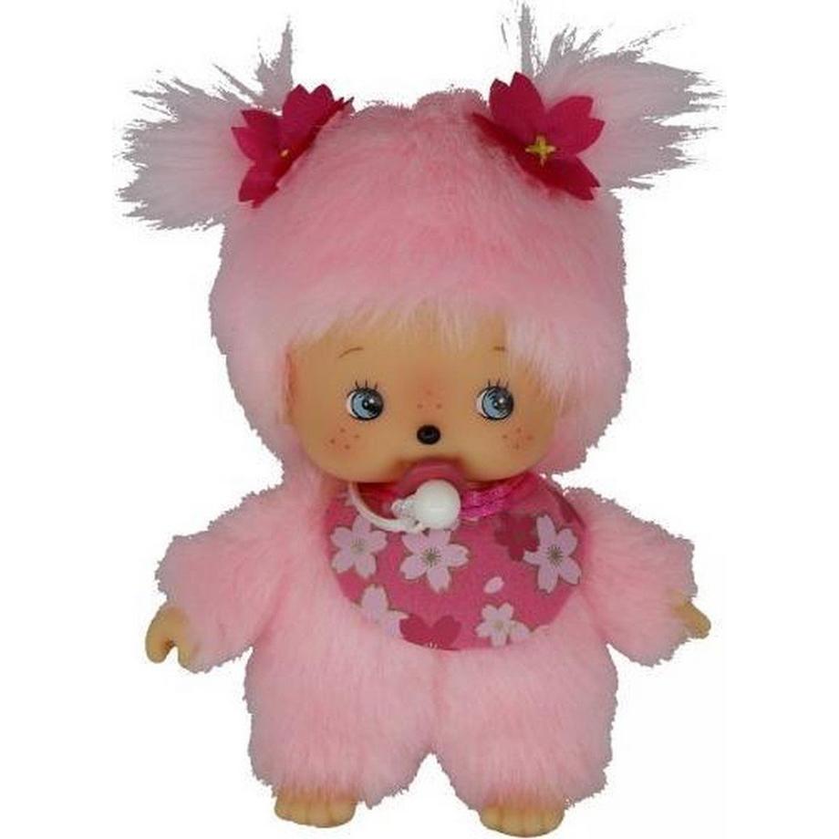 Monchhichi  Sekiguchi 242443 Original Bebichhichi Mädchen Kirschblüte, aus rosa Plüsch, mit Lätzchen und Zöpfen mit Blumen, ca. 15 cm 