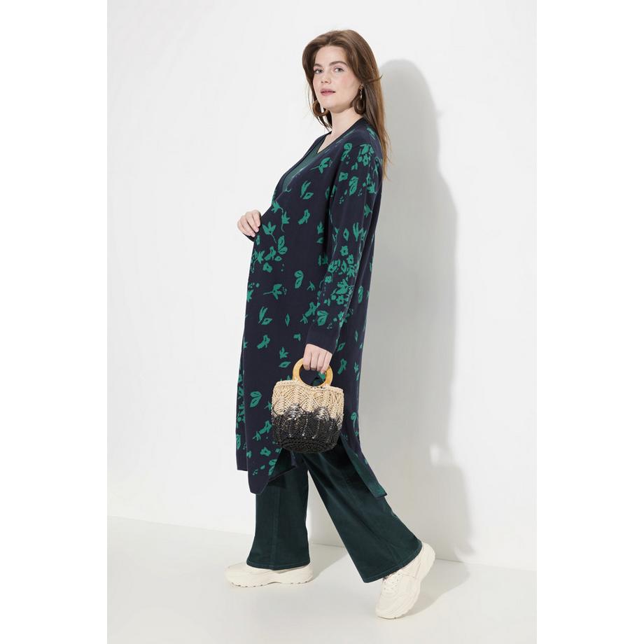 Ulla Popken Long Leaf Pattern V-Neck Cardigan  