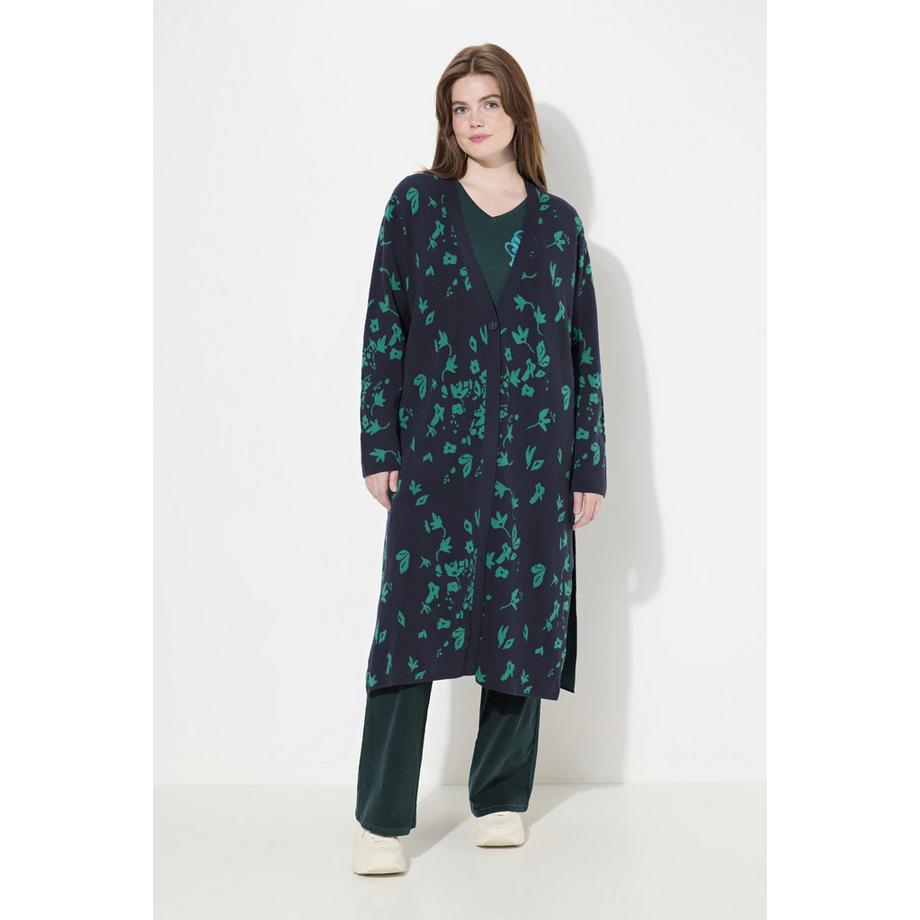 Ulla Popken Long Leaf Pattern V-Neck Cardigan  