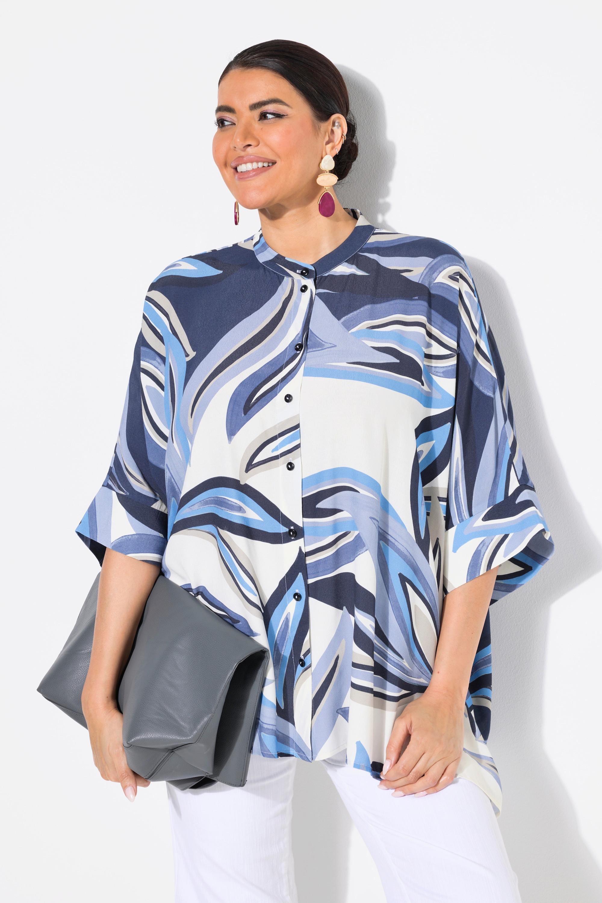 Ulla Popken Blusa Oversize Stampa Foglie Mezza Manica Collo Alto  