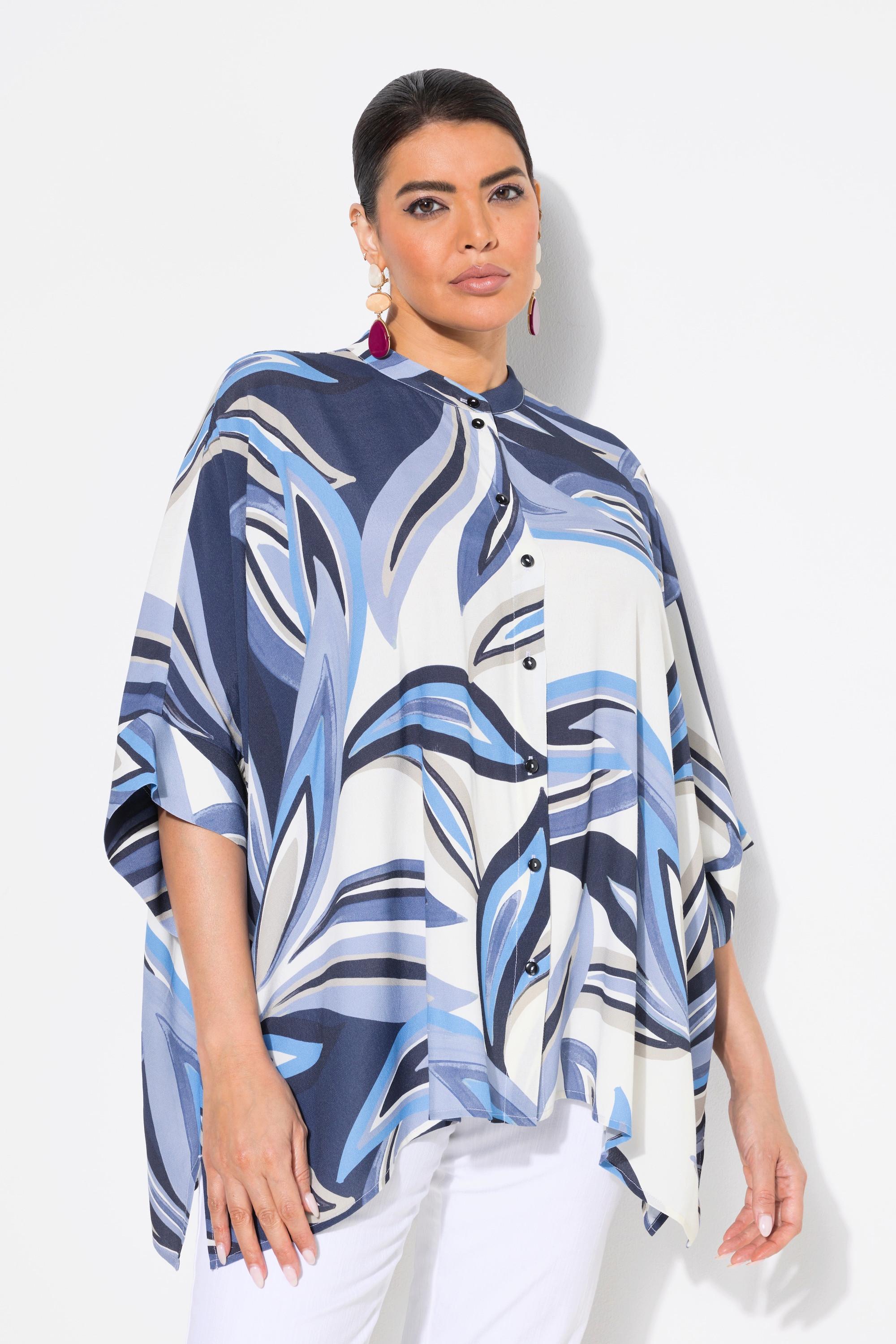 Ulla Popken Blusa Oversize Stampa Foglie Mezza Manica Collo Alto  