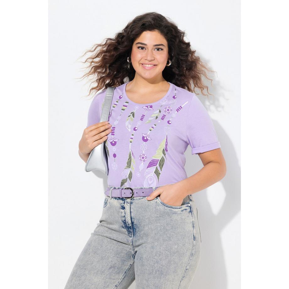 Ulla Popken T-shirt Motif Plumes Col Rond Manches Courtes Coupe Évasée  