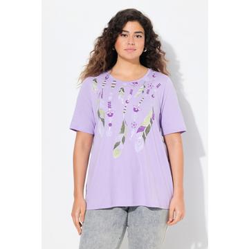 T-shirt à col rond et manches courtes. Motif plumes. Coupe évasée