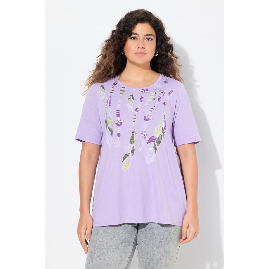 Ulla Popken T-shirt Motif Plumes Col Rond Manches Courtes Coupe Évasée  