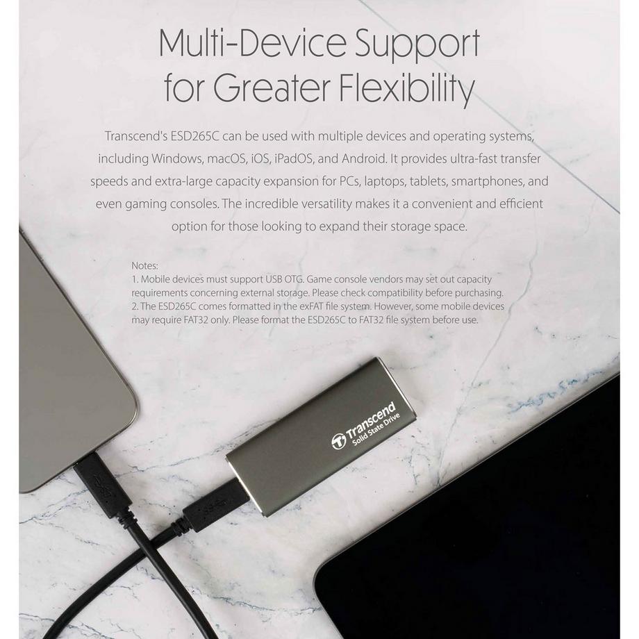 Transcend  Tragbare SSD ESD256C USB-C 1 TB 10 Gbit/s (R1050/W950 Mbit/s) Aluminium 