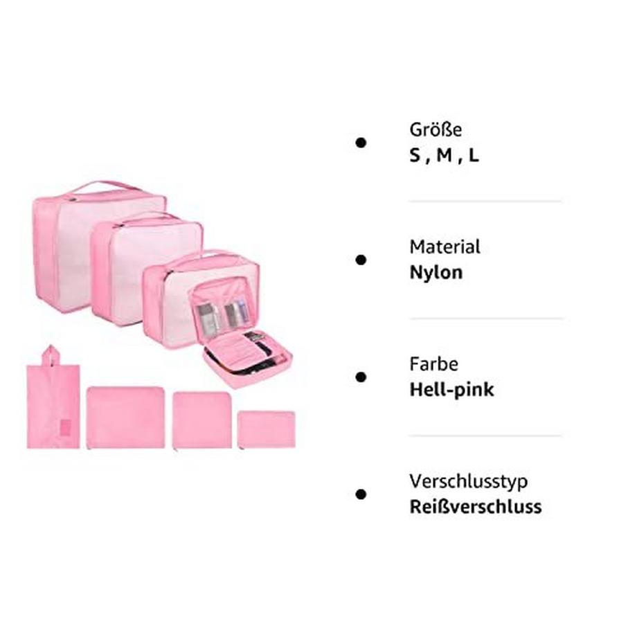 Only-bags.store  Lot de 8 cubes de rangement, cubes d'organisation pour valise, avec sac à chaussures, sac à linge, organisateur de voyage, sacs à vêtements, pour sac à dos, rose clair 